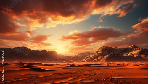 Sand dune, sunset, landscape, outdoors, cloud, sky, sun, sunlight, mountain, beauty in nature generated by AI © Jemastock