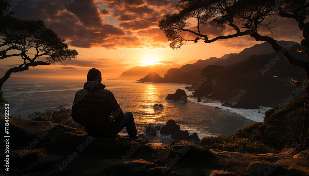 Silhouette of a man sitting on a cliff, admiring the sunset generated by AI