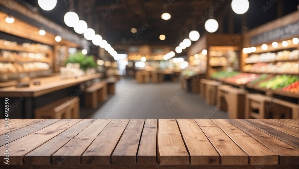 Empty Wooden Table Background Blurred Market, Wooden Table