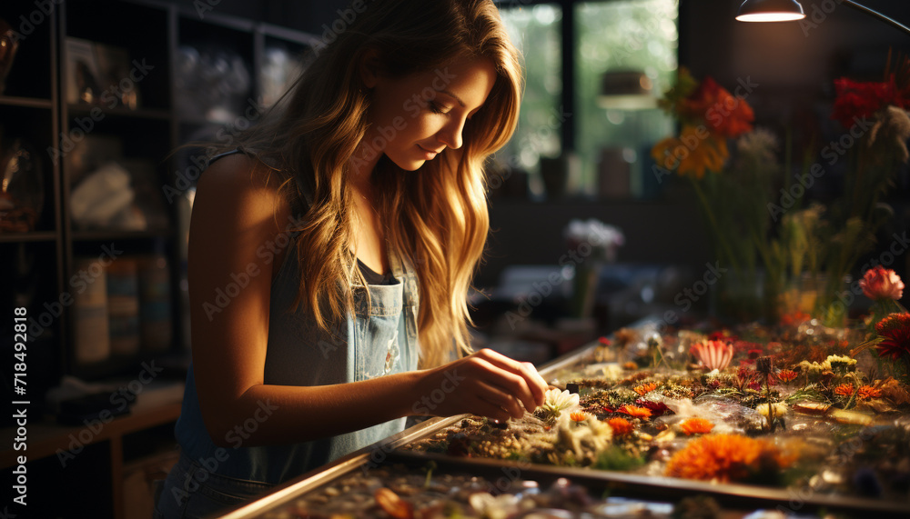 Smiling young woman working in a cheerful flower shop indoors generated by AI Smiling young woman working in a cheerful flower shop indoors generated by AI
