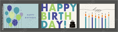 バースデー素材セット　バナー　フレーム　背景　ベクターイラスト　ケーキ　バルーン　おしゃれ
