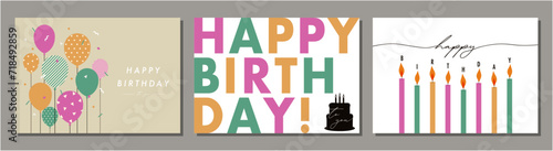 バースデー素材セット　バナー　フレーム　背景　ベクターイラスト　ケーキ　バルーン　おしゃれ