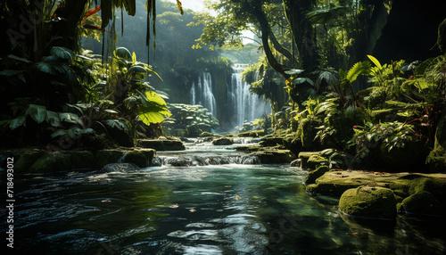 The flowing water falls, creating a tranquil scene in nature generated by AI
