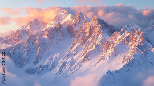 Magnificent view of snowy mountain peaks at sunrise