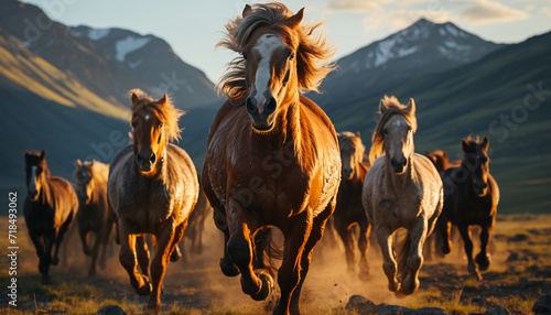 Horse running freely in the meadow  under the sunset sky generated by AI