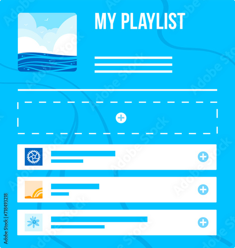 Blue music playlist interface with song titles and icons. Digital music streaming service concept vector illustration.