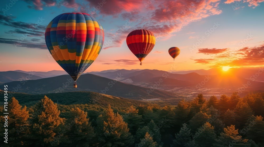 Majestic hot air balloons are flying over trees against the backdrop of a sunset with mountains.