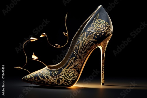 golden ornamental silhouette of woman's shoe Generative AI