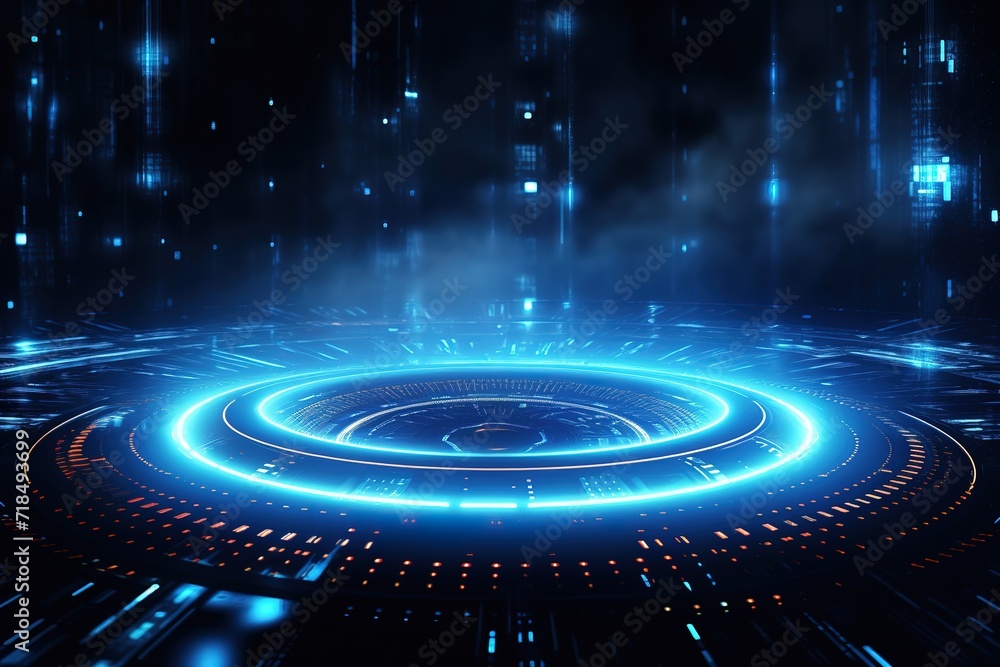 Technology background technology circle at the center of the Internet network system distributes information to various locations. Generative AI Technology background technology circle at the center of the Internet network system distributes information to various locations. Generative AI