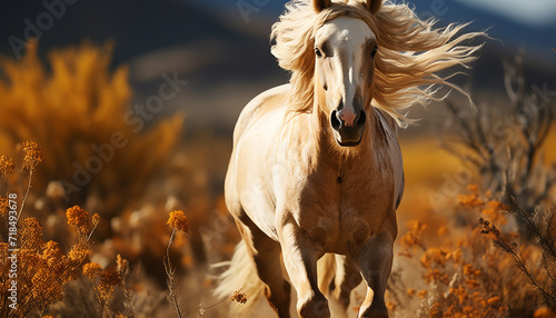 Beautiful horse running freely in a meadow at sunset generated by AI