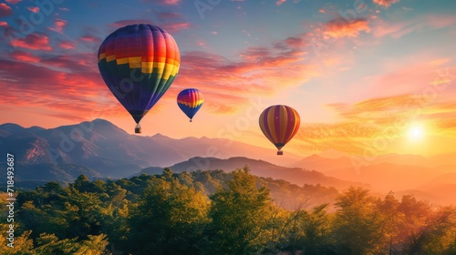 Majestic hot air balloons are flying over trees against the backdrop of a sunset with mountains.