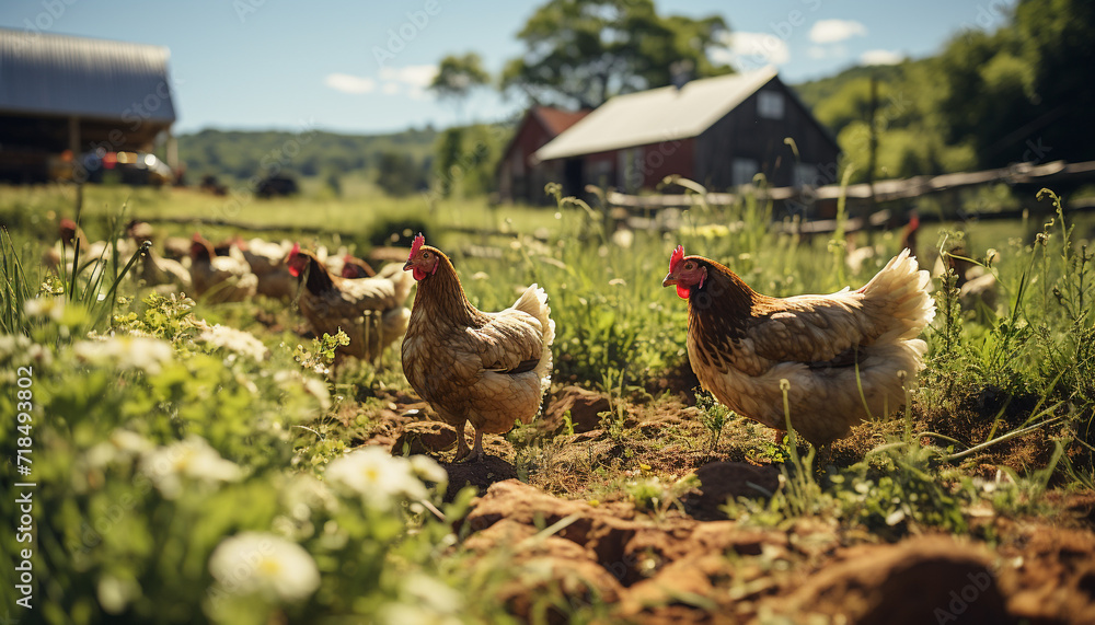 Fototapeta premium Farm scene with chickens grazing in a green meadow generated by AI