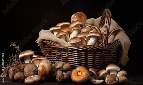 Pile of fresh mushrooms in photo on black Background. generative AI