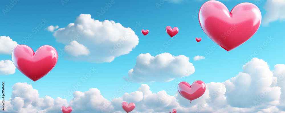 Heart shaped balloons floating in the sky - Valentine's Day theme