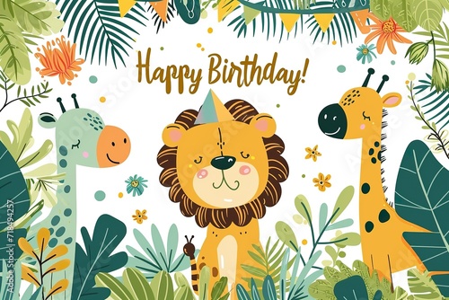 adorable lion zebra giraffe cartoon characters birthday party for kids vector