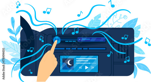 Hand pressing play button on modern car stereo system. Music notes and waves around car audio. Technology and entertainment vector illustration.