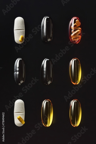 Vitamins and Healthy Supplements on dark background.