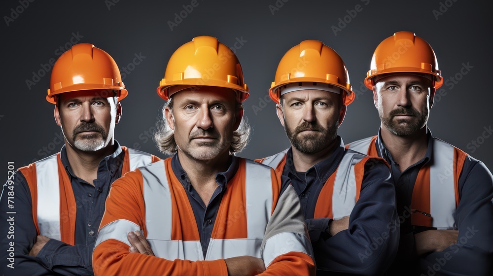 A Confident team of engineers, wearing hard plastic helmets, arms crossed, looking up, white isolated background. A Confident team of engineers, wearing hard plastic helmets, arms crossed, looking up, white isolated background.