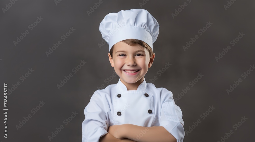A Cooking, happy boy wearing chef's uniform. Little cook and kitchen equipment. Cooking concepts in the chef profession On empty space on white transparent background isolated A Cooking, happy boy wearing chef's uniform. Little cook and kitchen equipment. Cooking concepts in the chef profession On empty space on white transparent background isolated