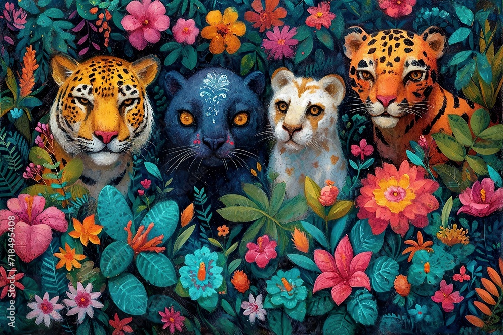 A whimsical painting of a colorful jungle filled with friendly animals, perfect for a child's room A whimsical painting of a colorful jungle filled with friendly animals, perfect for a child's room