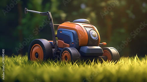 a lawn mower on the grass in a garden, generative ai