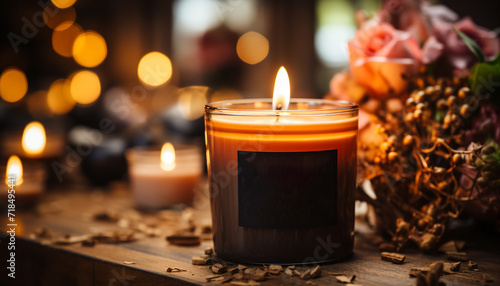 Burning candle illuminates tranquil table, symbolizing warmth and spirituality generated by AI