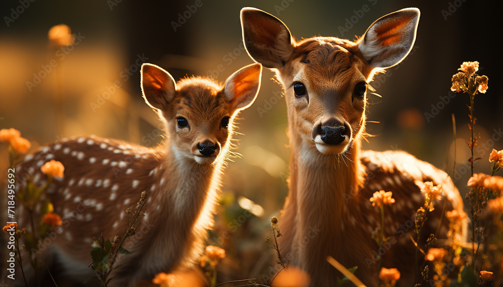 Young deer standing in the grass, looking at the camera generated by AI Young deer standing in the grass, looking at the camera generated by AI