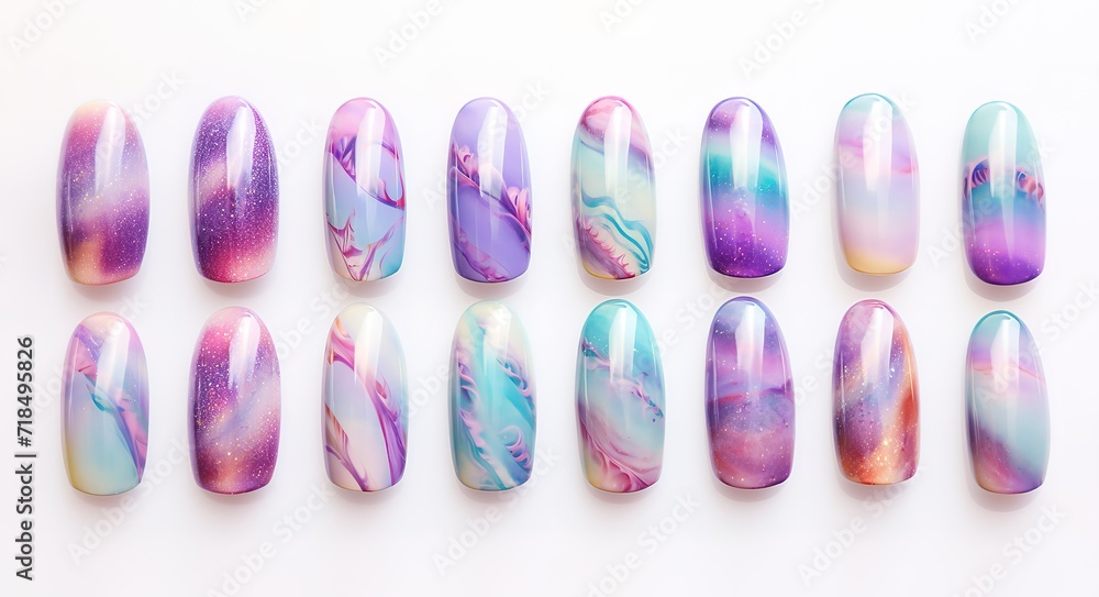 Collection of artificial nails with beautiful purple art. generative AI Collection of artificial nails with beautiful purple art. generative AI