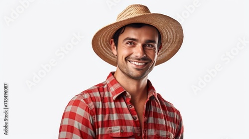 Agriculture, Confident Farmer Wearing a wide-brimmed hat and a red striped shirt, standing looking at the camera, isolated on a white transparent background.