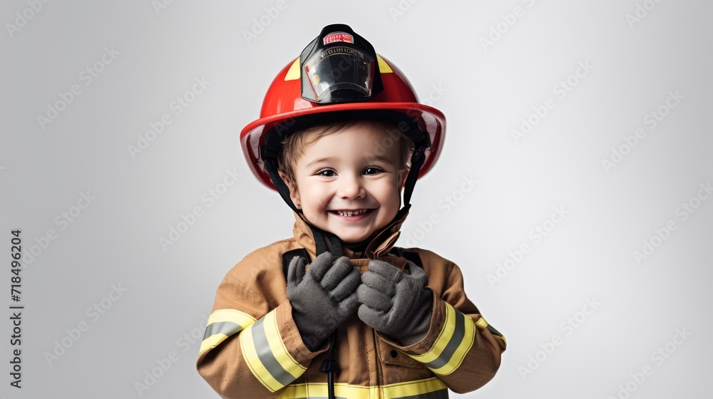 A Happy boy wearing firefighter uniform, little firefighter and fire extinguishing equipment, firefighter career adventure concept. on empty space on a white isolated transparent background. A Happy boy wearing firefighter uniform, little firefighter and fire extinguishing equipment, firefighter career adventure concept. on empty space on a white isolated transparent background.