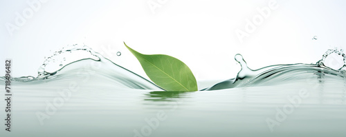 Fresh Green Leaves Splashing Gently Into Calm Water Against a White Background