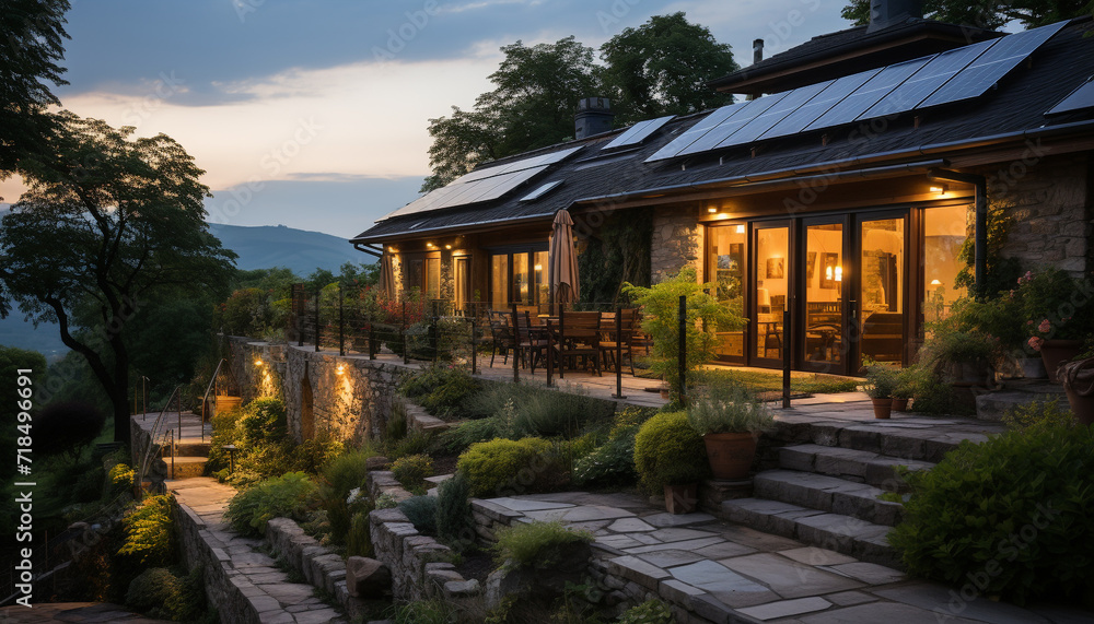 Night falls on a modern building, surrounded by nature tranquil beauty generated by AI