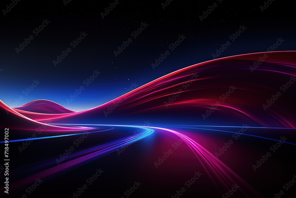 Naklejka premium Neon red and blue speed lines. Speed ​​of acceleration and movement. Light trails, motion blur effect. Night illumination in blue and red. Generative AI