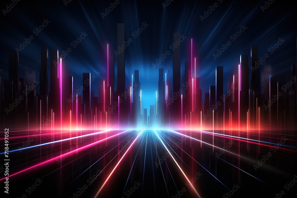 Neon red and blue speed lines. Speed ​​of acceleration and movement. Light trails, motion blur effect. Night illumination in blue and red. Generative AI