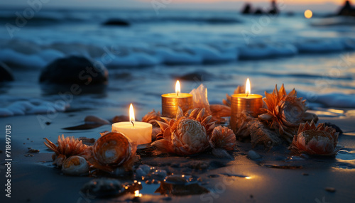 Glowing candle illuminates tranquil beach  symbolizing spirituality and relaxation generated by AI
