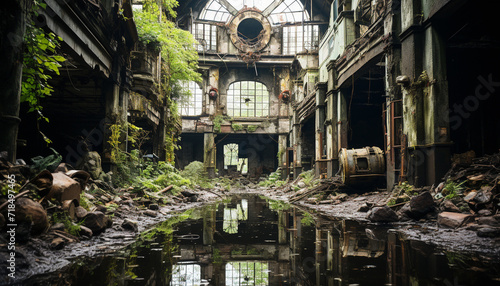 An ancient ruined factory reflects history in a tranquil Asturias generated by AI