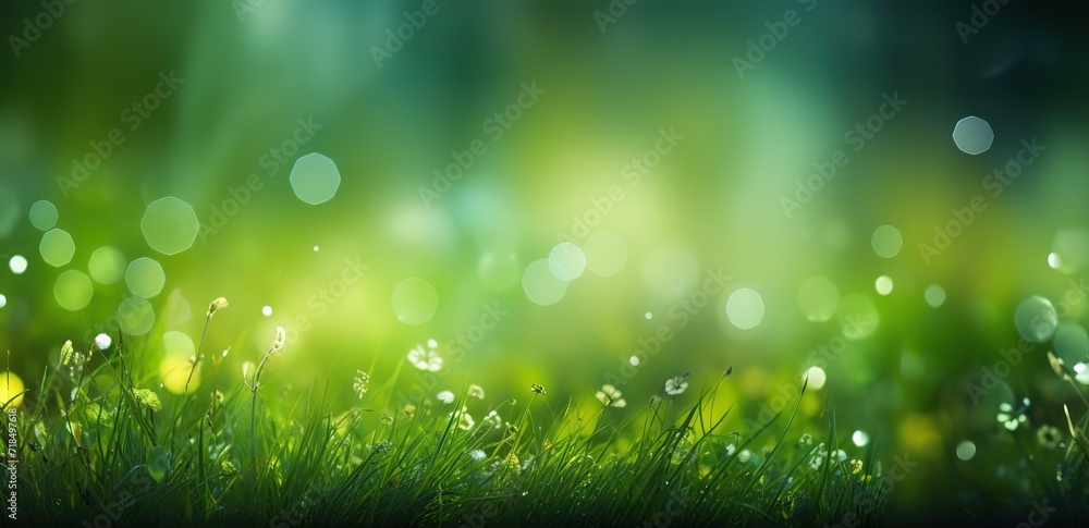 Obraz premium Green grass in the morning with water splashing effects on its surface. generative AI