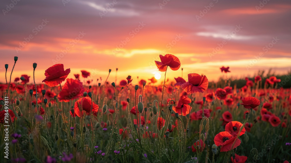 Majestic view of a field of poppies at sunset with beautiful sky Majestic view of a field of poppies at sunset with beautiful sky