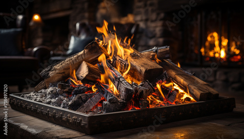 Glowing wood log fire brings warmth and comfort outdoors generated by AI photo