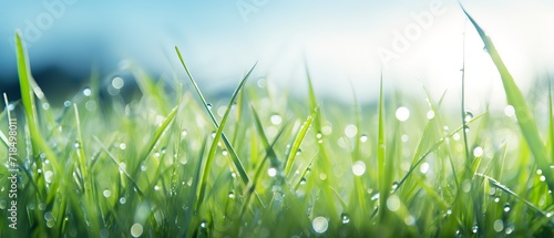 Green grass in the morning with water splashing effects on its surface. generative AI