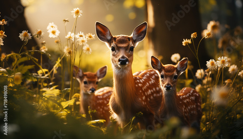 Cute deer in meadow, looking at camera, surrounded by nature generated by AI