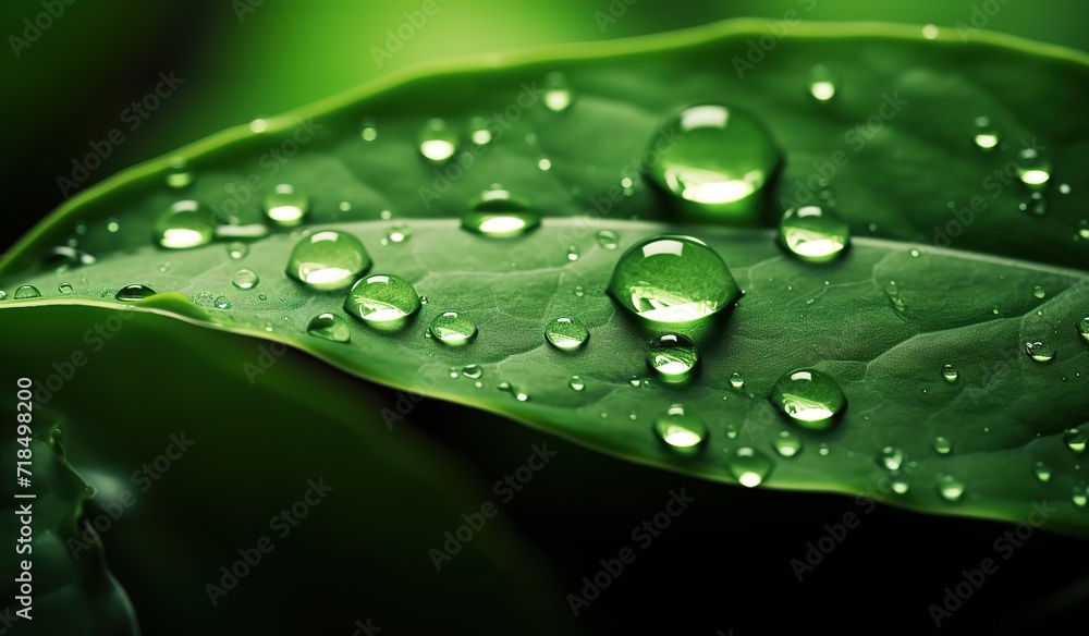 Green leaves with clear water drops on them. generative AI Green leaves with clear water drops on them. generative AI