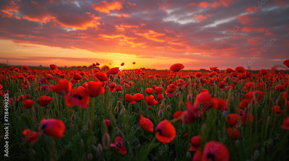 Majestic view of a field of poppies at sunset with beautiful sky