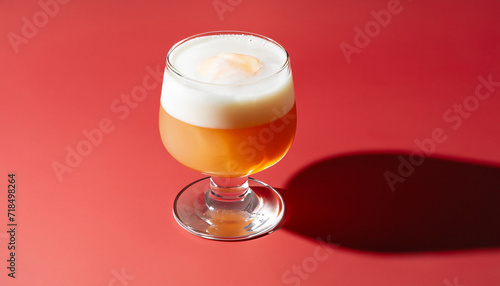 Classic cocktail whiskey sour with egg foam in highball glass on red background. Whiskey sour on coloured background in trendy style. Contemporary concept with alcohol beverage with shadow