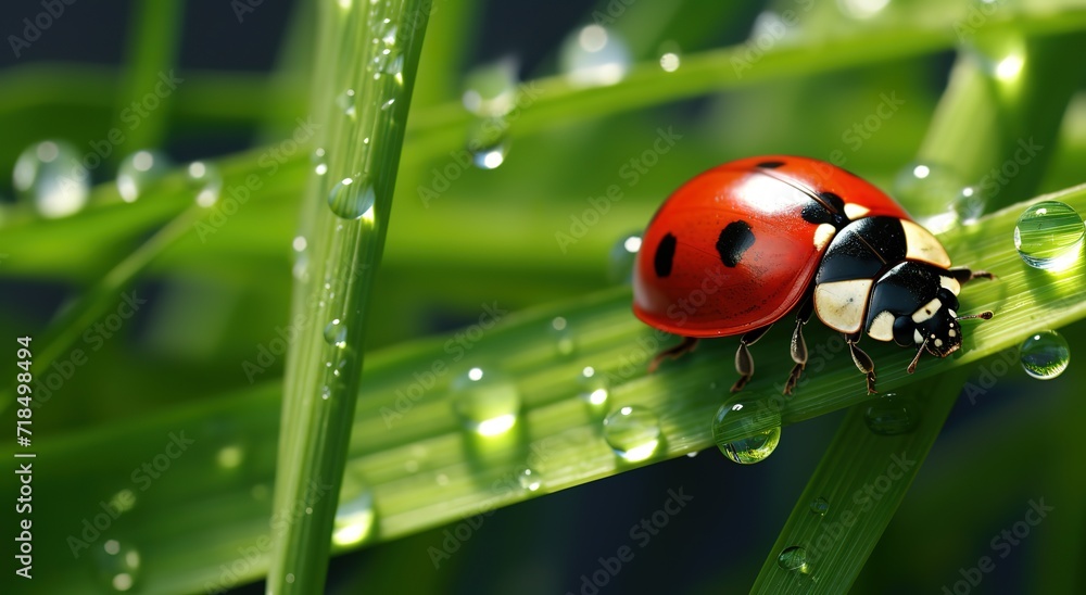 Fototapeta premium A ladybug on a green leaf with clear water splashes on it. generative AI