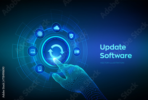 Update Software. Upgrade Software version concept on virtual screen. Computer program upgrade business technology internet concept. Robotic hand touching digital interface. Vector illustration.