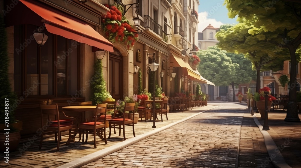 A cobblestone street with tables and chairs in front of a building. 