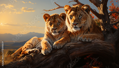 Majestic tiger resting in the wild, staring into tranquil sunset generated by AI