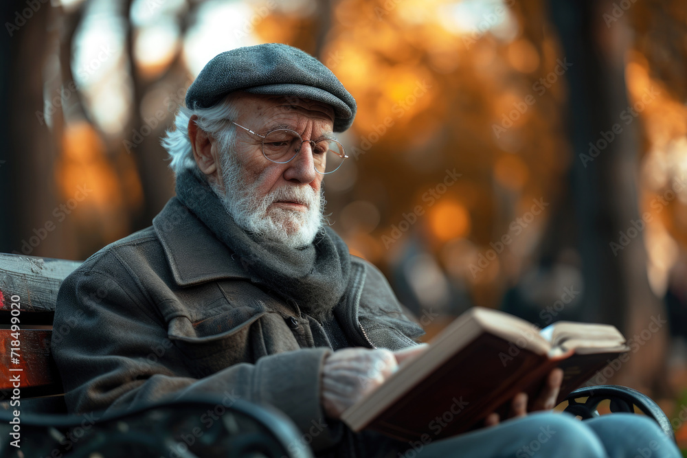 elderly man sitting on a bench in a park with a book in his hand, generative ai elderly man sitting on a bench in a park with a book in his hand, generative ai