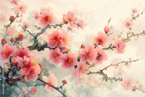 Card Illustration: A beautiful spring scene with blooming flowers on the branches. Displays bright pink flowers of sakura, oleander, and peonies.